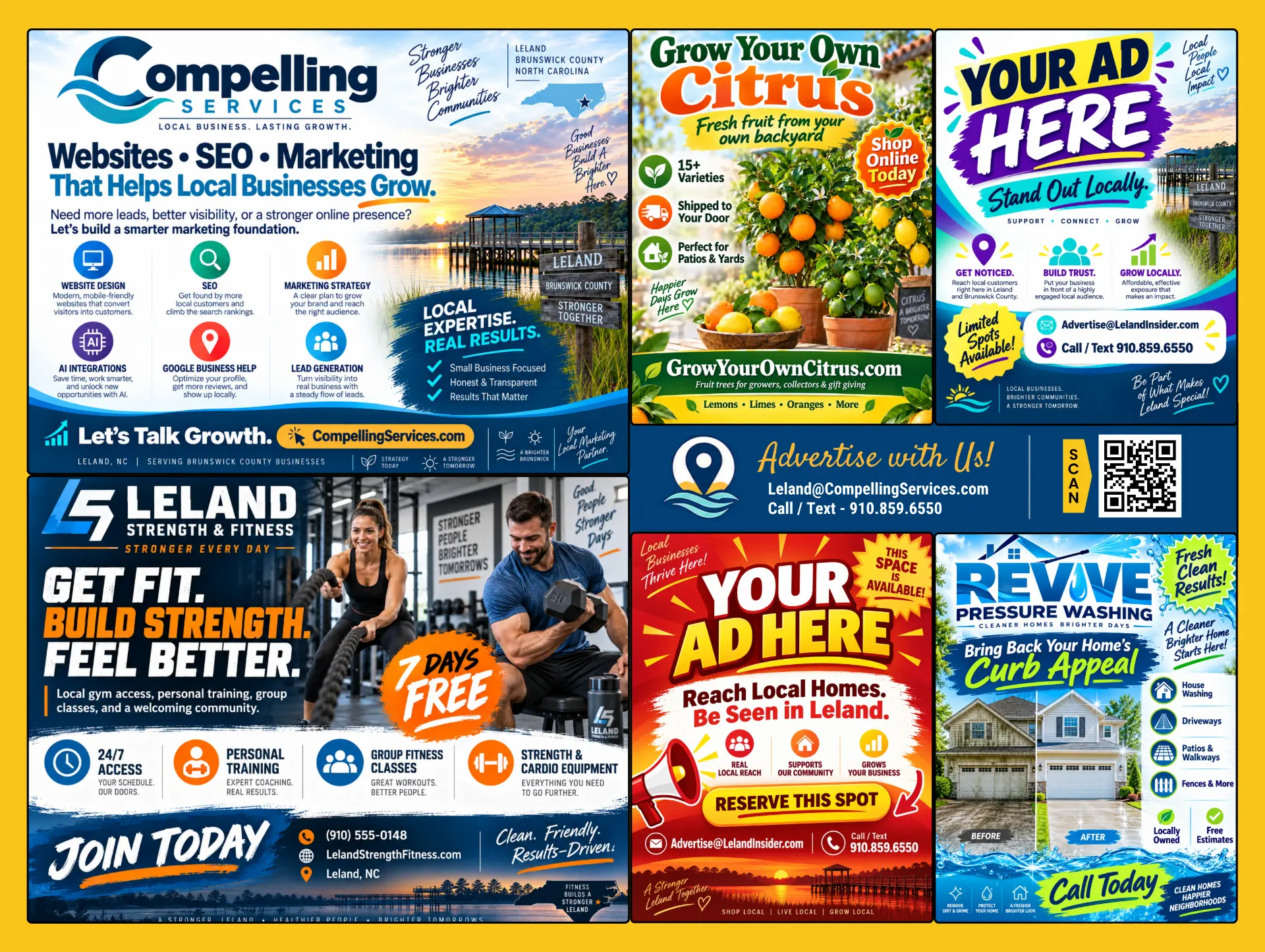 Back of the Leland Insider card showing local business advertisements